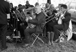 Wellies for the brass band at a sodden Weardale Sheep Show, St. John's Chapel